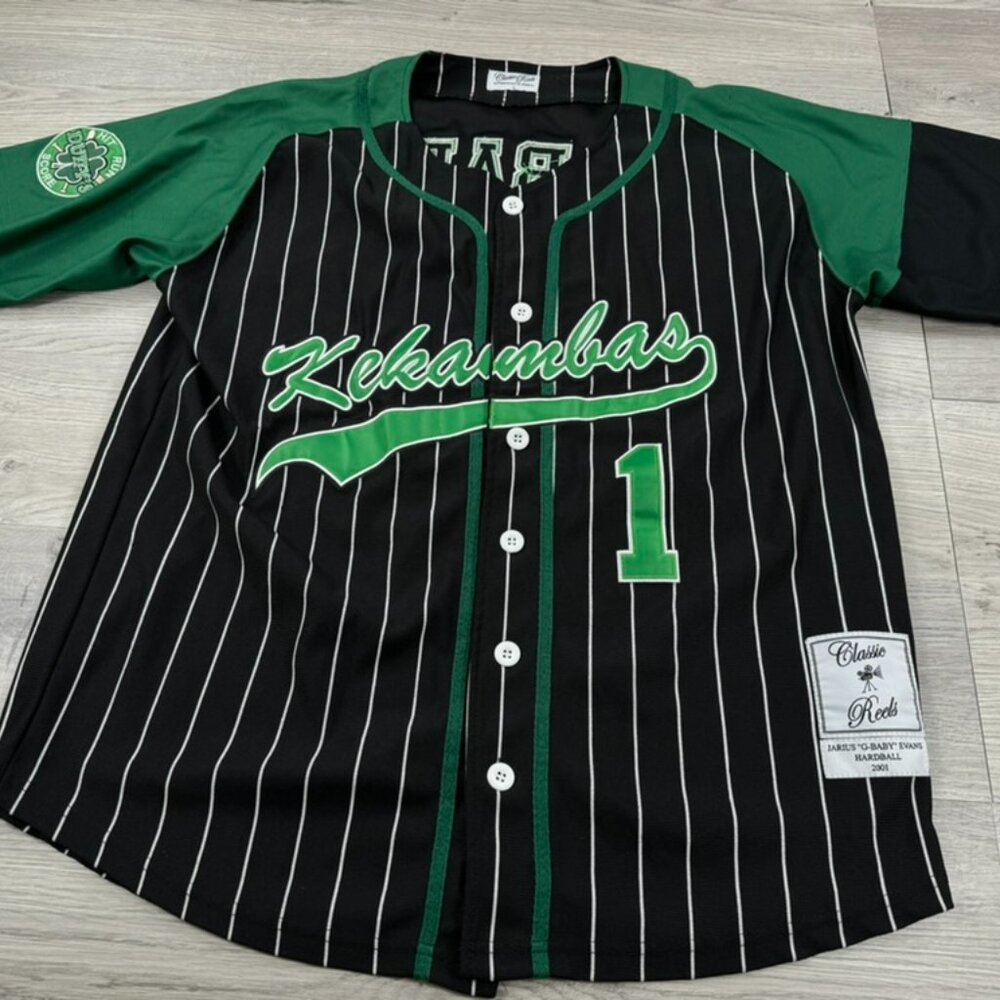 G-Baby #1 Hardball Kekambas Baseball Jersey L Black Green Striped Button Up